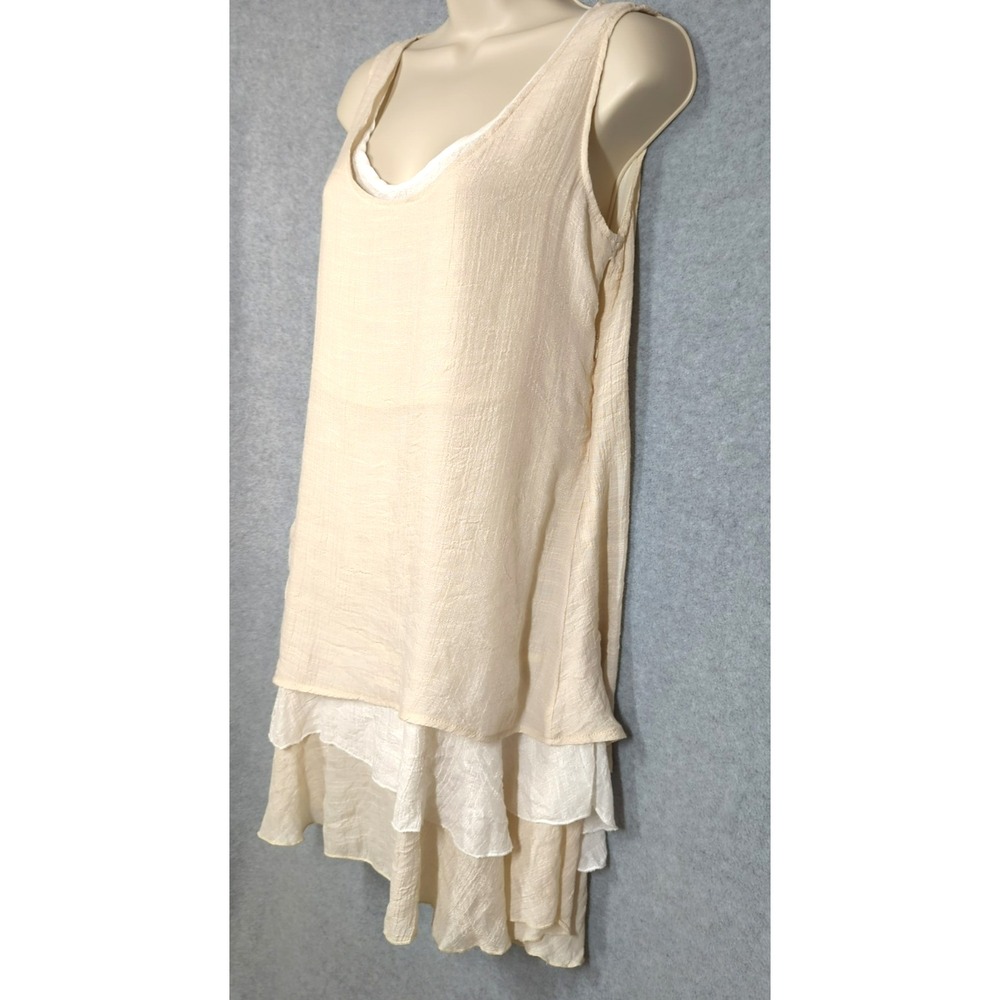 Papillon Sleeveless Tiered Dress S Beige White Breezy Silhouette Flirty  Flowy